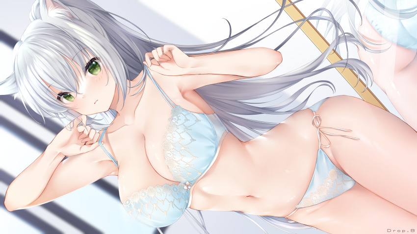 1girl, animal_ears, aqua_bra, aqua_panties, ass, bare_arms, bra, breasts
