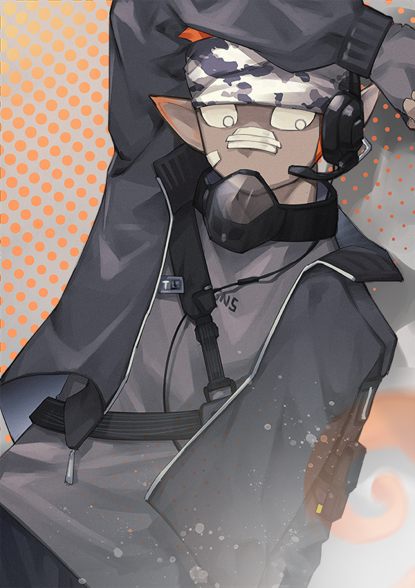 1boy, arknights, arm_up, bandage_on_face, bandages, bandaid, bandaid_on_face, bandaid_on_nose, black_jacket, camouflage, chinese_commentary, commentary_request, dark-skinned_male, dark_skin, dotted_background, ethan_(arknights), ethan_(infiltrator)_(arknights), fingerless_gloves, gloves, grey_gloves, grey_shirt, headband, headset, jacket, long_sleeves, male_focus, mask, mask_around_neck, official_alternate_costume, open_clothes, open_jacket, paint_splatter, pointy_ears, shirt, sokimi_(sosojovan), solo, upper_body, white_eyes