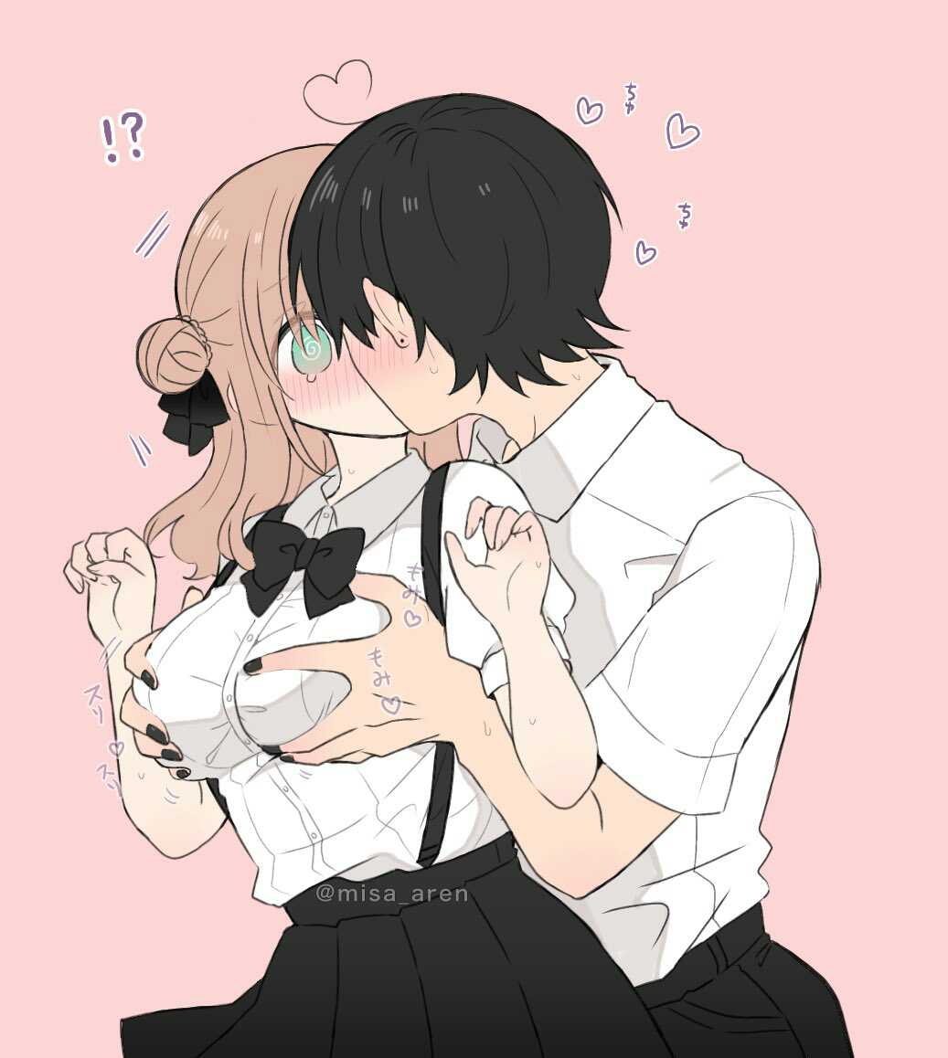 blonde_hair, blush, french_kiss, grabbing_another's_breast, groping, hair_ornament, hair_ribbon, hands_up