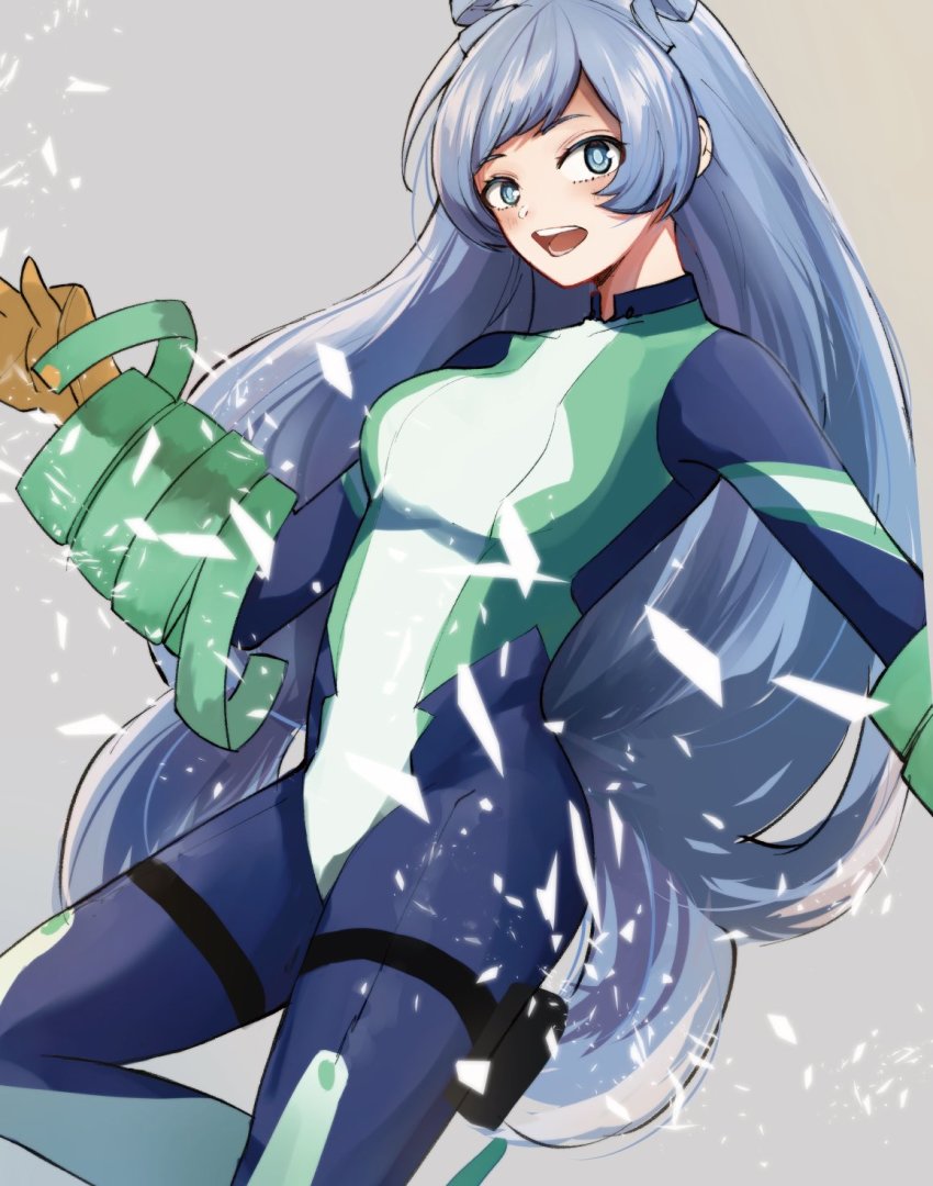 1girl, :d, blue_bodysuit, blue_eyes, blue_hair, bodysuit, boku_no_hero_academia, breasts