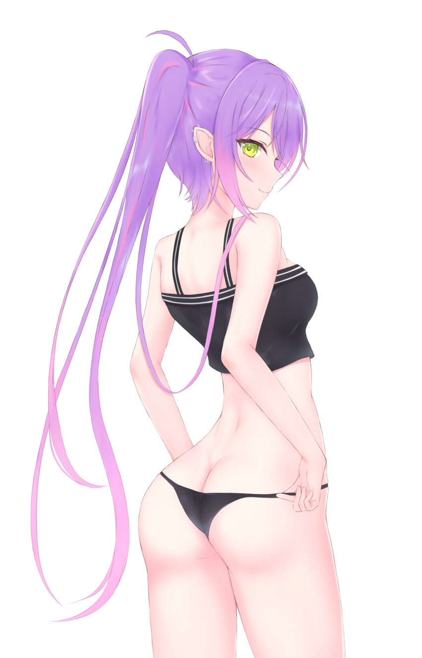 1girl, adjusting_clothes, adjusting_panties, ass, bad_id, bad_pixiv_id, bare_arms, black_panties, black_tank_top, breasts, butt_crack, chocomaru, commentary, ear_piercing, green_eyes, highres, hololive, light_blush, long_hair, looking_at_viewer, looking_back, multicolored_hair, panties, piercing, pointy_ears, sidelocks, simple_background, sleeveless, small_breasts, smile, solo, tank_top, tokoyami_towa, twintails, two-tone_hair, underwear, virtual_youtuber, white_background