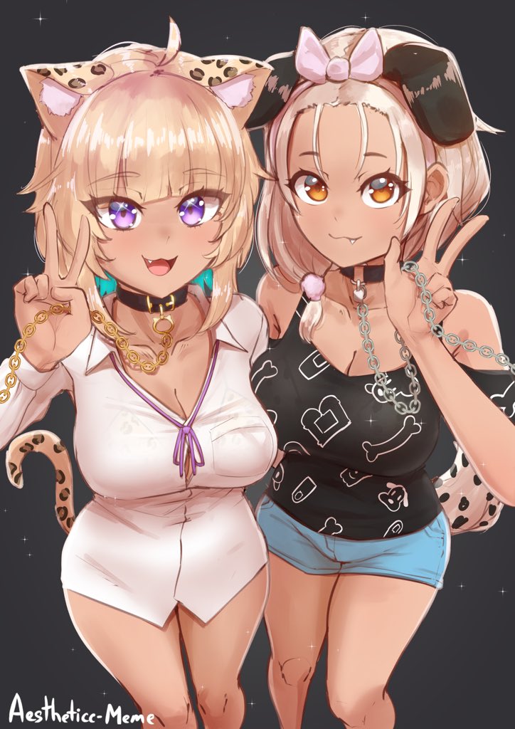 2girls, :3, aestheticc-meme, ahoge, animal_collar, animal_ears, artist_name, bangs_pinned_back, black_background, blonde_hair, bone, bow, breasts, brown_eyes, cat_ears, cat_tail, chain, chain_leash, choker, cleavage, collar, collarbone, cowboy_shot, dark-skinned_female, dark_skin, denim, denim_shorts, dog_ears, dog_tail, dress_shirt, eyelashes, fang, futo-inu, gold_chain, gyaru, hair_bow, hair_ornament, holding, holding_chain, hololive, hoso-inu, inugami_korone, inugami_korone_(roomwear), knees, kogal, large_breasts, leash, long_hair, looking_at_viewer, low-tied_long_hair, medium_breasts, multiple_girls, naked_shirt, nekomata_okayu, nekomata_okayu_(oversized_shirt), official_alternate_costume, ogyayu_(nekomata_okayu), pom_pom_(clothes), pom_pom_hair_ornament, purple_eyes, shirt, short_shorts, shorts, smile, star_(symbol), star_symbol_background, tail, tank_top, thighs, tsurime, v, viewer_holding_leash, virtual_youtuber