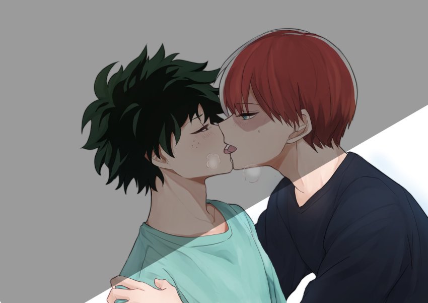 2boys, black_shirt, boku_no_hero_academia, burn_scar, collarbone, commentary_request, french_kiss, from_side