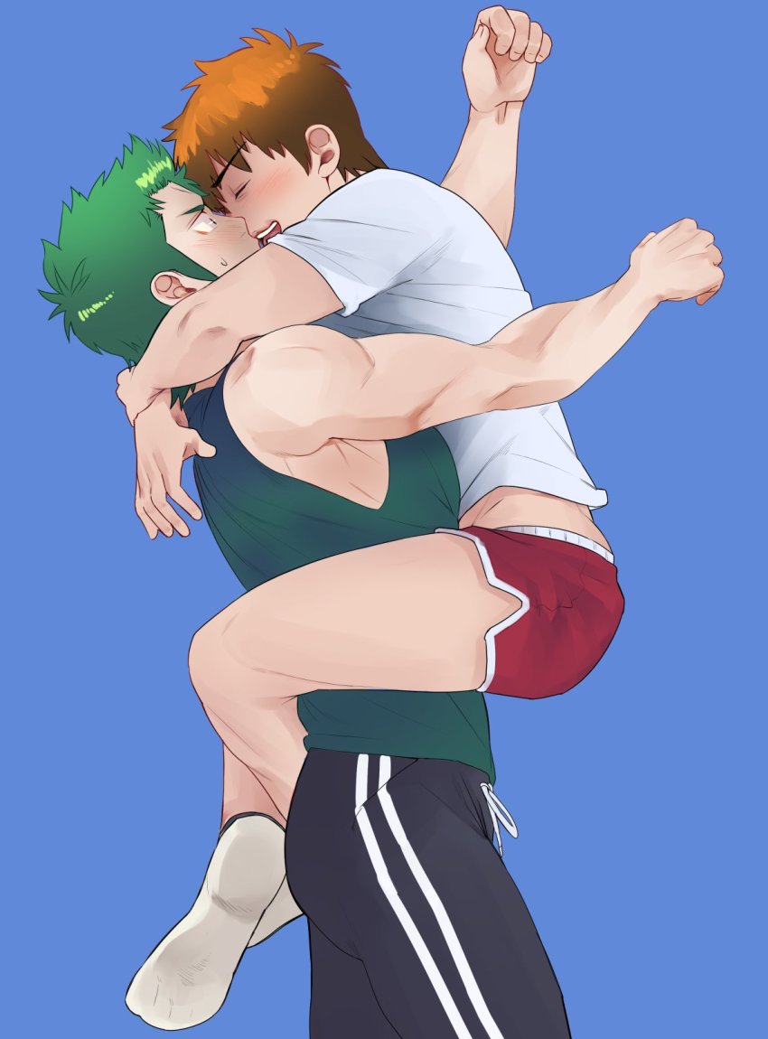 2boys, ace_of_diamond, black_pants, blush, brown_hair, couple, dolphin_shorts, closed_eyes