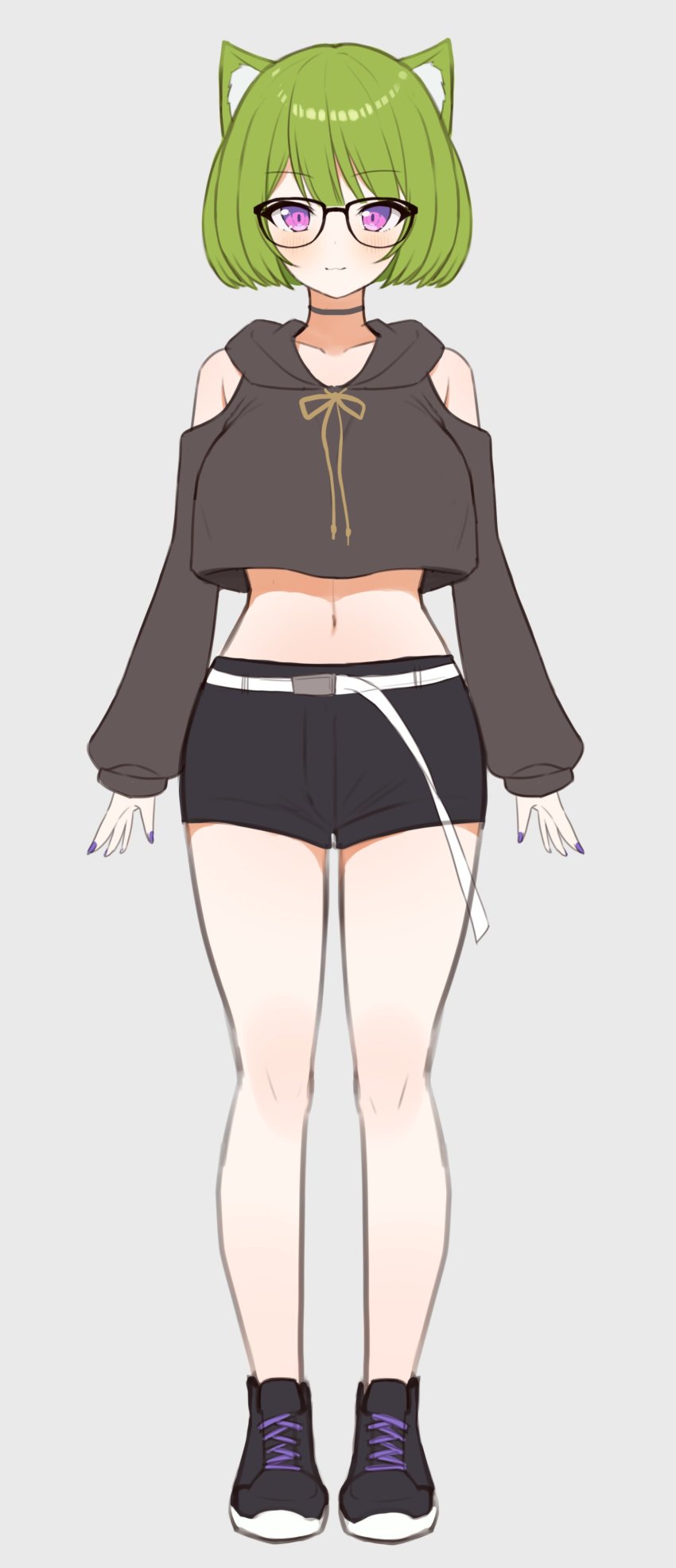 1girl, :3, absurdres, animal_ears, belt, black-framed_eyewear, black_hoodie, black_shoes