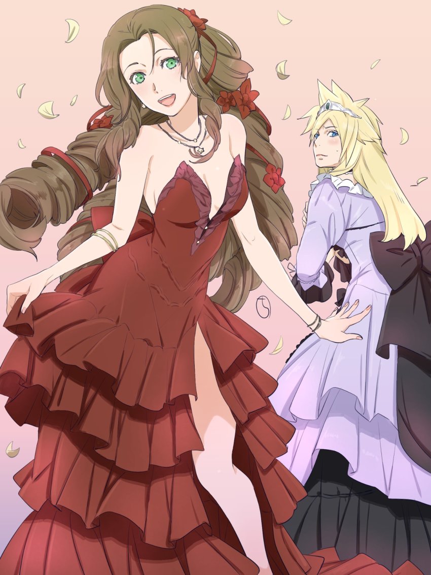 1boy, 1girl, aerith_gainsborough, blonde_hair, blush, braid, breasts, brown_hair