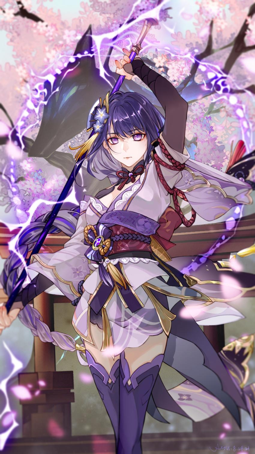 1girl, arm_up, armor, braid, breasts, bridal_gauntlets, cherry_blossoms, cleavage