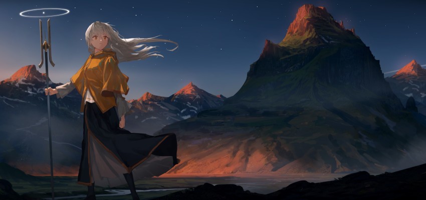1girl, blue_sky, closed_mouth, fantasy, highres, looking_away, mountain, night