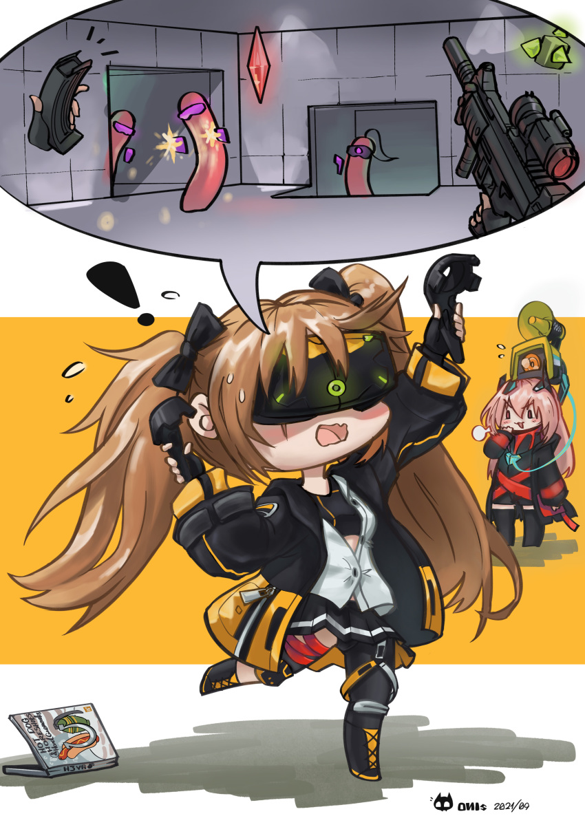2girls, absurdres, american_flag, banana_(girls'_frontline), blush, chibi, explosive, flag