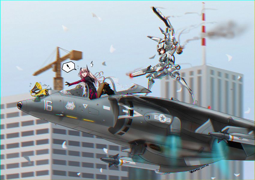 2girls, absurdres, aim-9_sidewinder, air-to-air_missile, android, banana_(girls'_frontline), broken_glass, damaged, expressionless, girls'_frontline, glass, green_eyes, gun, hawker_harrier, highres, m4_sopmod_ii_(girls'_frontline), m4_sopmod_ii_(mod3)_(girls'_frontline), mechanical_legs, mechabare, missile, mod3_(girls'_frontline), multiple_girls, onis, paradeus, parody, red_eyes, ro635_(girls'_frontline), rodelero_(girls'_frontline), scene_reference, smoke, smoking, smoking_barrel, surprised, true_lies, weapon