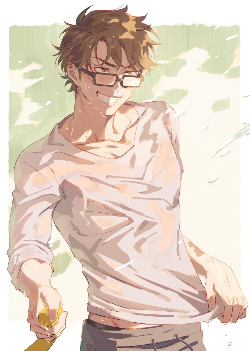 1boy, absurdres, ace_of_diamond, brown_eyes, brown_hair, glasses, highres, holding