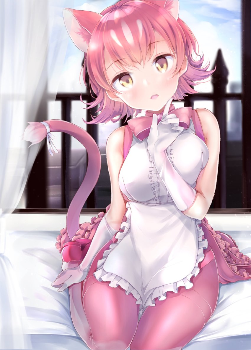 1girl, animal_ears, apron, blue_sky, bow, bowtie, cat_tail, center_frills