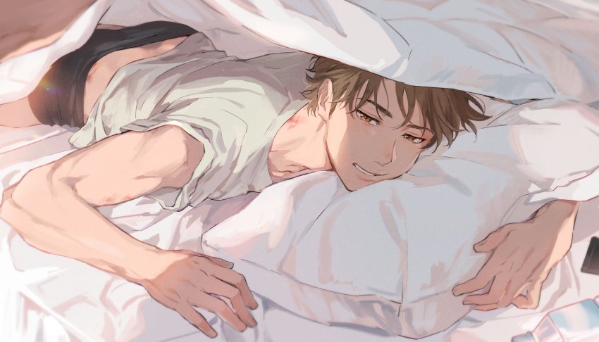 1boy, absurdres, ace_of_diamond, black_male_underwear, boxer_briefs, brown_eyes, brown_hair, half-closed_eyes, highres, looking_at_viewer, lying, male_focus, male_underwear, miyuki_kazuya, on_bed, on_stomach, pillow, sato_(sato_1_11), shirt, short_hair, sideburns, solo, teeth, toned, underwear, white_shirt