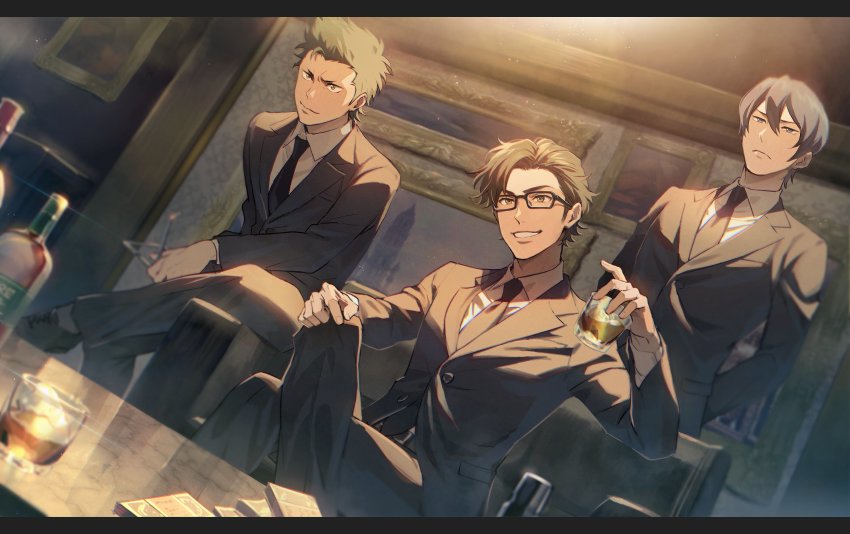 3boys, ace_of_diamond, alcohol, black_hair, black_jacket, black_pants, black_suit, blue_eyes