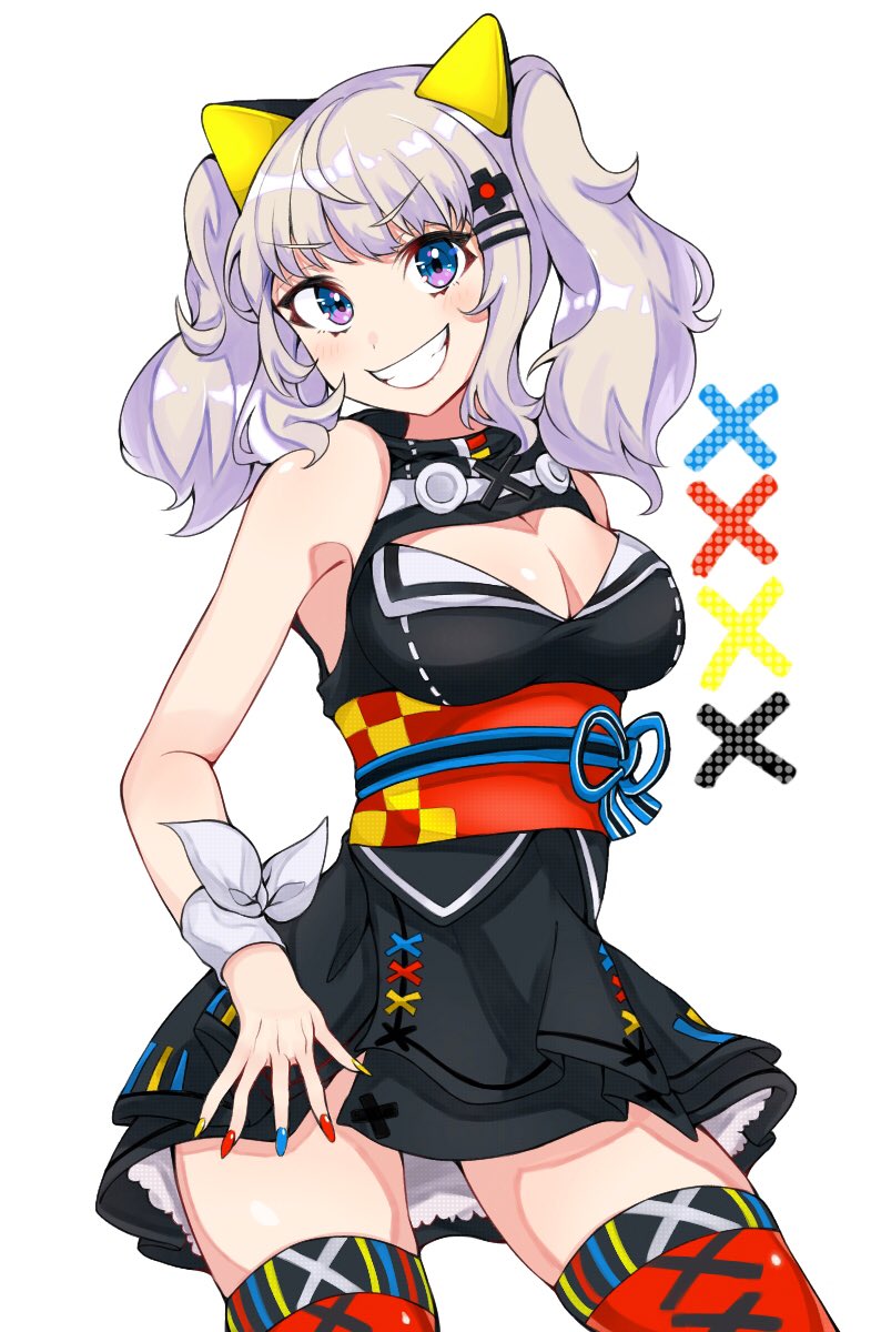 1girl, bad_id, bad_twitter_id, black_dress, blue_eyes, cleavage_cutout, clothing_cutout, commentary, cowboy_shot, dress, grin, hair_ornament, highres, kaguya_luna, kobacha_(ochakoba), looking_at_viewer, medium_hair, multicolored_nails, nail_polish, obi, purple_eyes, red_thighhighs, sash, short_dress, silver_hair, simple_background, sleeveless, sleeveless_dress, smile, solo, standing, the_moon_studio, thighhighs, twintails, virtual_youtuber, white_background