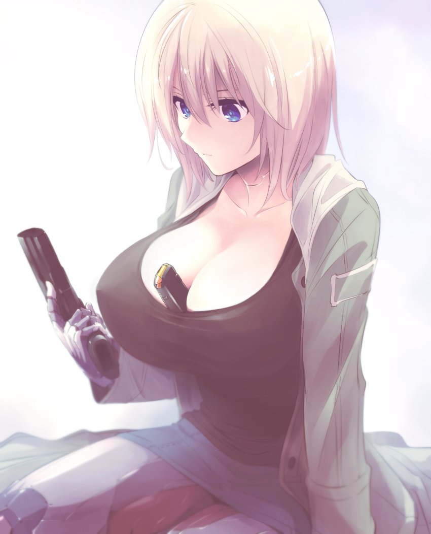 1girl, absurdres, android, between_breasts, blau_(mechanical_buddy_universe), blonde_hair, blue_eyes, breasts