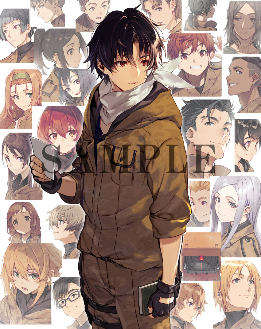6+boys, 6+girls, 86_-eightysix-, absurdres, anju_emma, annotated, black_hair, blu-ray_cover, blue_eyes, book, brown_eyes, chise_authen, cover, daiya_irma, dark-skinned_male, dark_skin, fido_(86), glasses, green_hairband, grey_hair, hair_behind_ear, hairband, hariz_senya, haruto_keats, highres, holding, holding_book, io_dodanthe, kaie_taniya, kariya_rohga, kujo_nico, kurena_kukumila, kuroto_hinie, lecca_lin, long_hair, louie_kino, mashu_nanaki, mecha, mikuri_cairo, mina_shiroka, mole, mole_under_eye, multiple_boys, multiple_girls, myna_yatomika, ochi_anton, official_art, one-eyed, orange_hair, ponytail, portrait, projected_inset, raiden_shuga, red_eyes, red_hair, robot, sample_watermark, shinei_nouzen, shirabi, short_hair, shuri_gilith, smile, theoto_rikka, tohzan_sasha, touma_sauvy, undercut, watermark