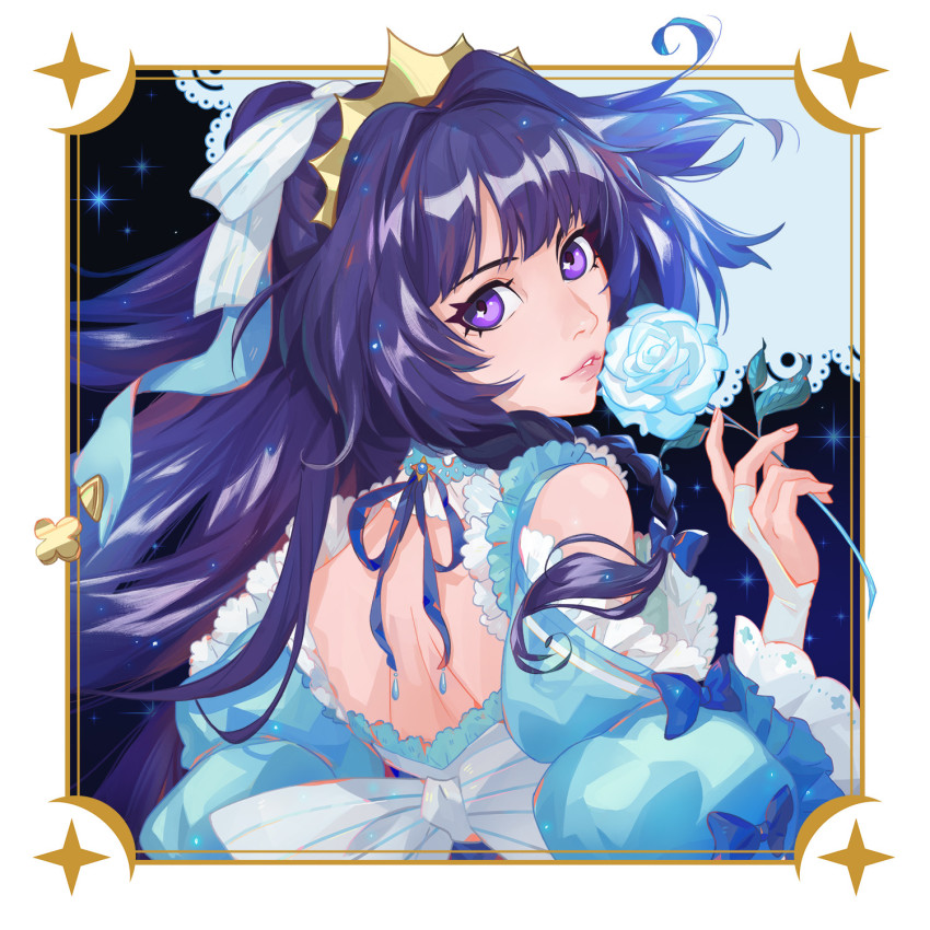 1girl, back, bare_shoulders, blue_dress, blue_flower, blue_rose, border, crown