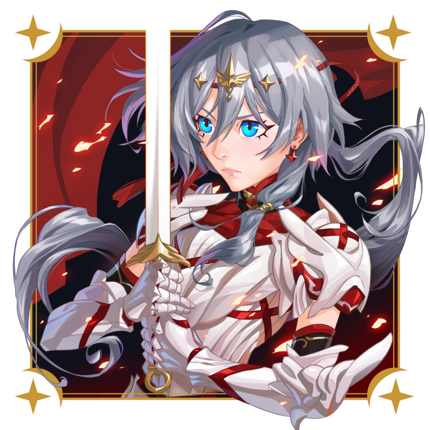 1girl, armor, black_hair, blue_eyes, border, closed_mouth, earrings, fu_hua