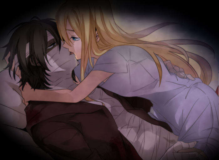 bandaged_head, bandages, black_cardigan, black_eyes, black_hair, blonde_hair, blue_eyes, cardigan