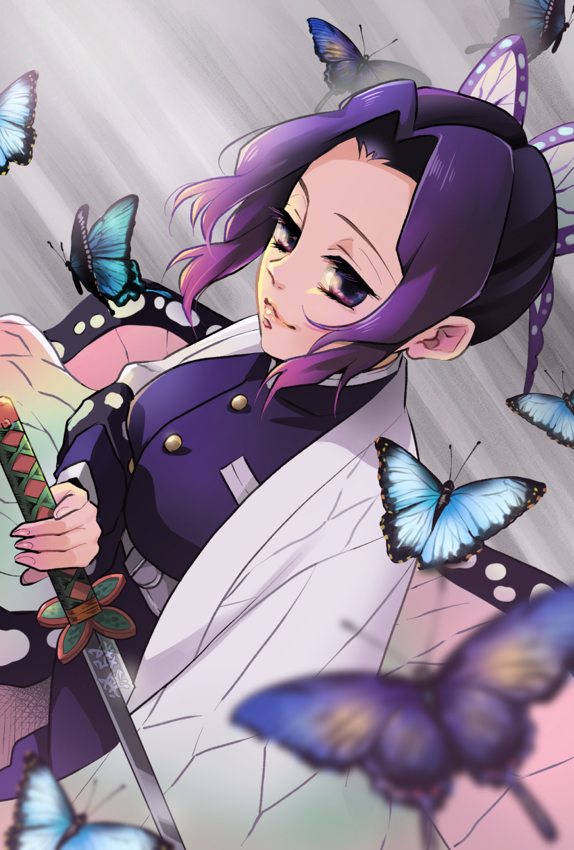 1girl, blurry, blurry_foreground, bug, butterfly, butterfly_hair_ornament, closed_mouth, gradient_hair