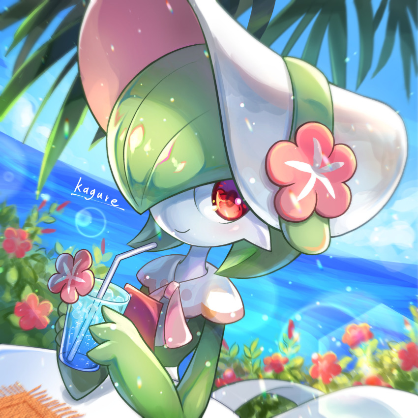 1girl, bonnet, bubble, colored_skin, drinking_straw, flower, gardevoir, gardevoir_(fashionable), gen_3_pokemon, green_hair, highres, ice, kagure_(karaguren), lens_flare, looking_at_viewer, nintendo, no_humans, ocean, placemat, pokemon, pokemon_(creature), pokemon_unite, red_eyes, smile, soda, solo, summer, table, white_skin