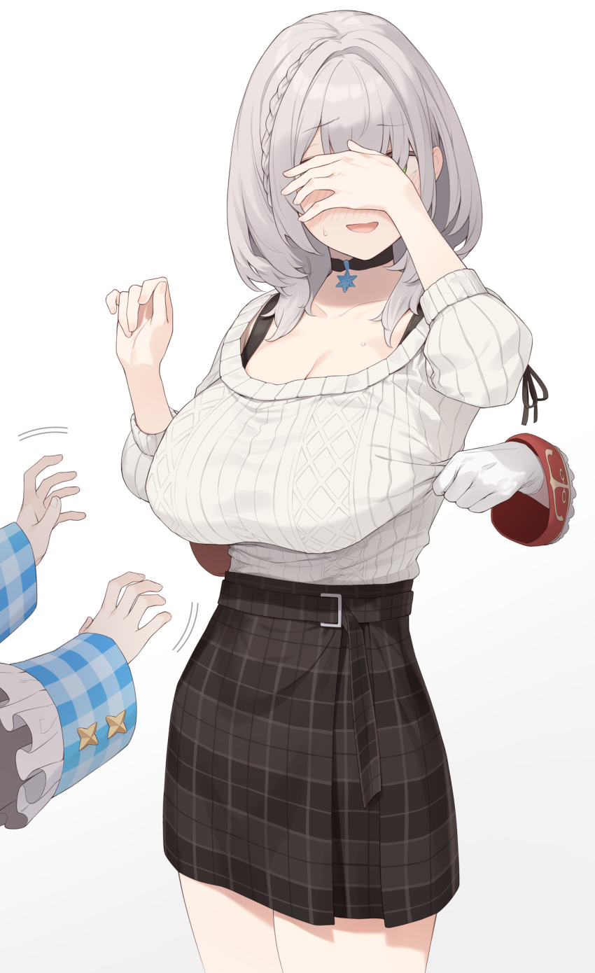 3girls, amane_kanata, black_choker, blush, braid, breasts, brown_skirt, choker