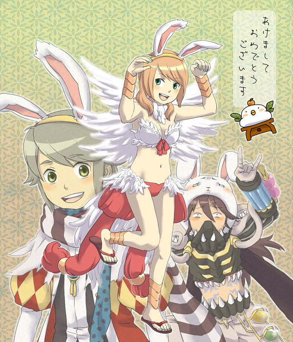 1girl, 2boys, animal_ears, animal_hat, argyle_clothes, argyle_coat, bikini, black_scarf, blue_scarf, blush, bow, bracer, breasts, brown_footwear, brown_hair, cleavage, coat, commentary_request, cowboy_shot, fake_animal_ears, feathered_wings, flask, full_body, gas_mask, genetic_(ragnarok_online), gloves, green_background, green_eyes, green_hair, hat, large_bow, long_hair, looking_at_viewer, m/, mask, medium_breasts, midriff, minstrel_(ragnarok_online), multiple_boys, nyt_(1-0-z), open_mouth, pants, paw_pose, polka_dot, polka_dot_scarf, rabbit_ears, rabbit_hat, ragnarok_online, red_bikini, red_bow, red_coat, respirator, round-bottom_flask, sandals, scarf, short_hair, smile, striped_clothes, striped_scarf, swimsuit, translation_request, vial, wanderer_(ragnarok_online), white_gloves, white_pants, white_scarf, white_wings, wings