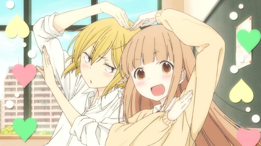 10s, 2girls, blonde_hair, blush, brown_eyes, brown_hair, echizen_(tanakeda), heart