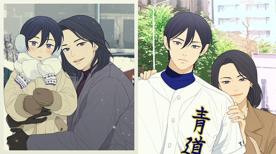 1boy, 1girl, ace_of_diamond, age_progression, baseball_jersey, black_hair, black_jacket, blue_eyes, blush, breath, child, closed_mouth, coat, cold, day, earmuffs, earrings, furuya_satoru, gloves, hug, jacket, jersey, jewelry, looking_at_viewer, mittens, mother_and_child, mother_and_son, open_mouth, outdoors, parent_and_child, ring, scarf, short_hair, smile, snow, snowing, sportswear, twoframe, upper_body, winter, winter_clothes, winter_coat