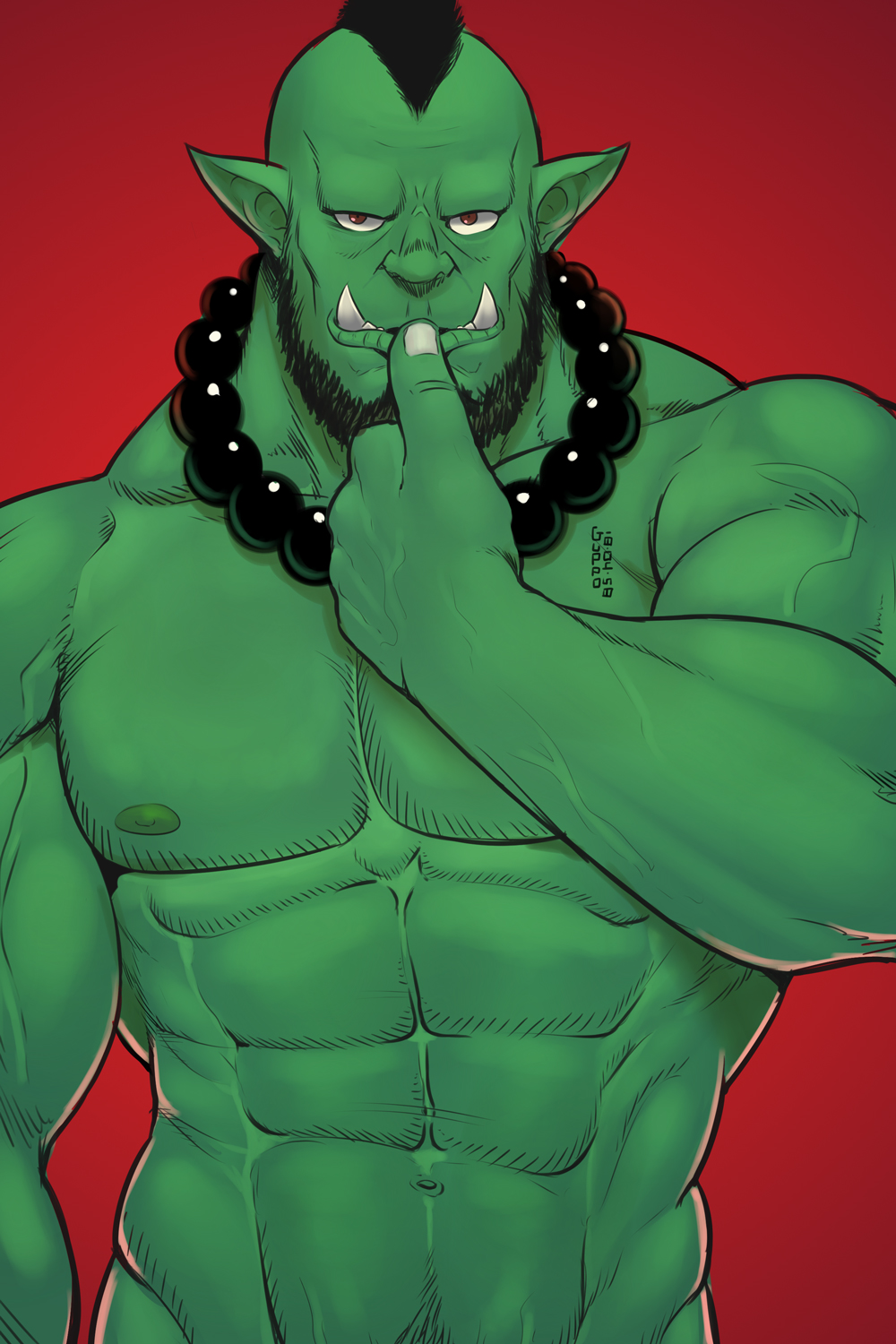 1boy, abs, bara, bead_necklace, beads, beard, colored_skin, completely_nude, facial_hair, fangs, finger_to_mouth, green_skin, groin, guppo13, highres, jewelry, large_pectorals, lips, looking_at_viewer, male_focus, mature_male, mohawk, monster_boy, muscular, muscular_male, navel, navel_hair, necklace, nipples, nude, orc, original, pectorals, pointy_ears, red_background, short_hair, solo, stomach, upper_body, veins, wrinkled_skin