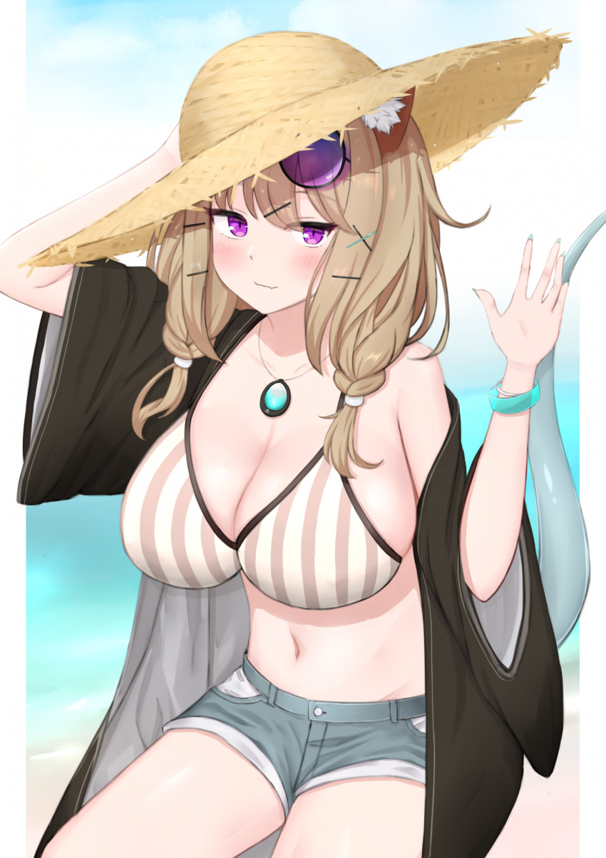 1girl, adjusting_clothes, adjusting_headwear, animal_ears, arknights, bare_shoulders, beach, bikini, bikini_top_only, blonde_hair, blush, bracelet, breasts, ceresia8327, cleavage, closed_mouth, collarbone, commentary_request, cowboy_shot, denim, denim_shorts, eyewear_on_head, fang, female_focus, hat, highres, jewelry, large_breasts, looking_at_viewer, navel, necklace, official_alternate_costume, partial_commentary, purple_eyes, shorts, sitting, skin_fang, solo, striped_bikini, striped_clothes, sun_hat, sunglasses, swimsuit, swimsuit_cover-up, tail, utage_(arknights), utage_(summer_flowers)_(arknights), vertical-striped_bikini, vertical-striped_clothes, waving