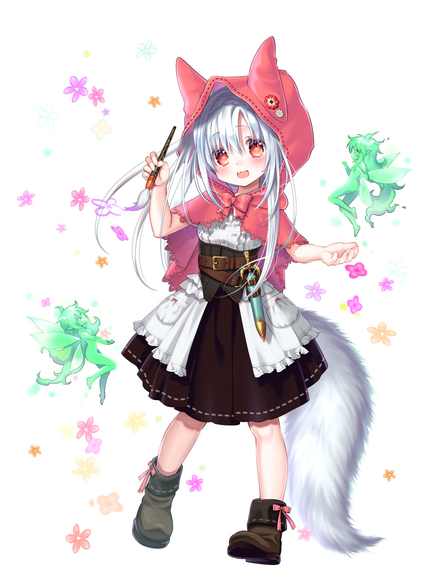 1girl, :d, animal_ears, animal_hood, belt, black_skirt, blue_hair, boots