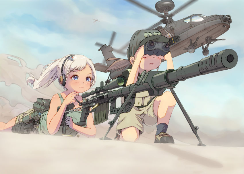 2girls, agm-114_hellfire, air-to-surface_missile, aircraft, airplane, anti-tank_guided_missile, anti-tank_missile, binoculars