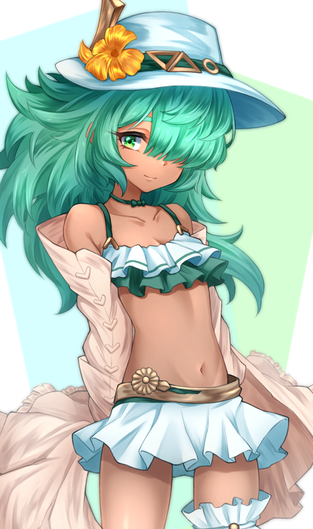 1girl, bikini, bikini_skirt, carpathiyo, dark-skinned_female, dark_skin, flower, granblue_fantasy