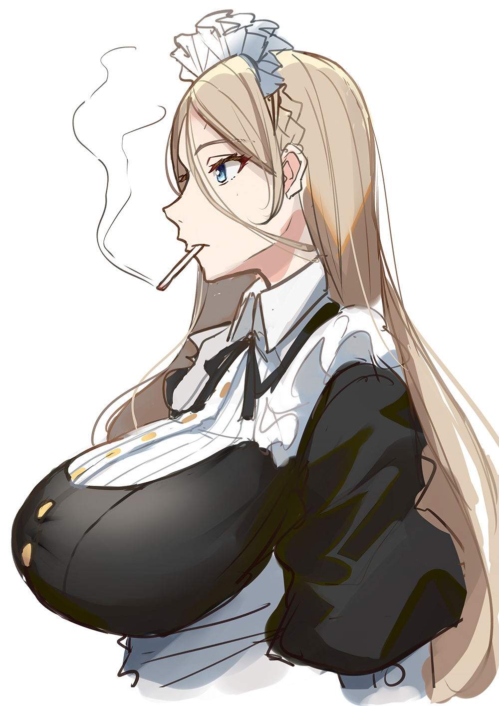 1girl, blue_eyes, breasts, cigarette, colombus_(eiyuu_senki), eiyuu_senki, hair_between_eyes, highres, huge_breasts, impossible_clothes, long_hair, maid, maid_headdress, mouth_hold, nishitaka, profile, simple_background, sketch, smoking, solo, upper_body, white_background