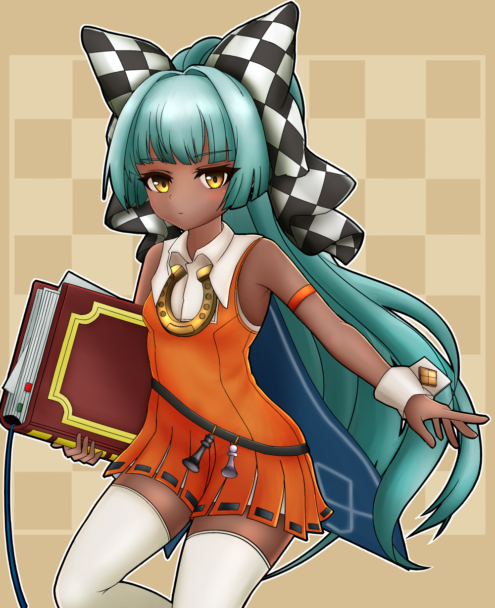 1girl, aqua_hair, armband, book, bow, brown_background, checkered_background, checkered_bow