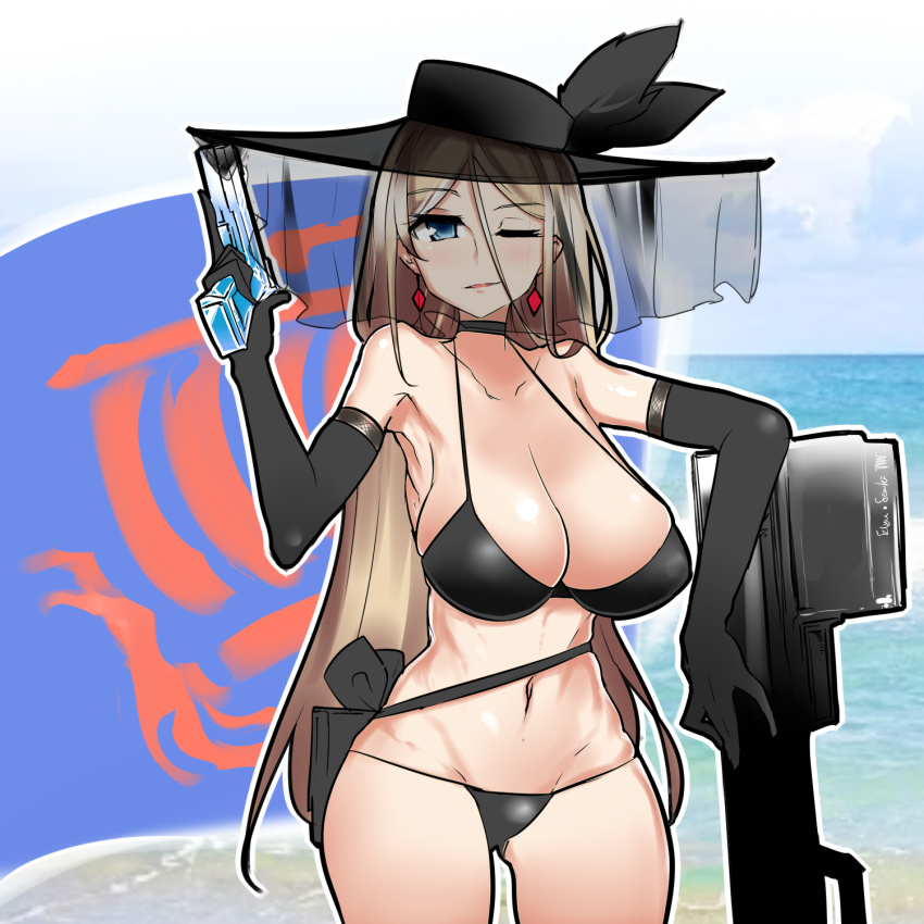 bikini, black_bikini, black_gloves, black_headwear, breasts, colombus_(eiyuu_senki), earrings, eiyuu_senki