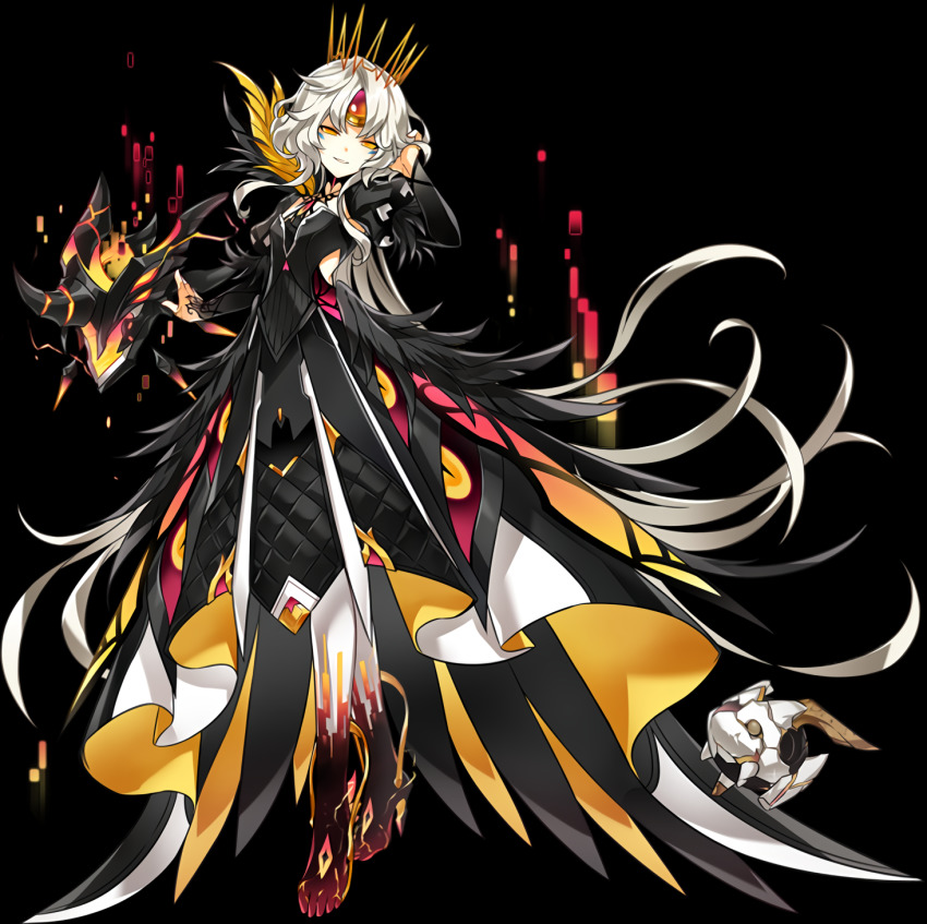 1girl, android, artist_request, code:_antithese_(elsword), cracked_skin, crown, drone, earpiece, electricity, elsword, eve_(elsword), facial_mark, feathers, forehead_jewel, frills, full_body, half-closed_eyes, hand_in_own_hair, highres, juliet_sleeves, long_sleeves, looking_at_viewer, moby_(elsword), official_art, puffy_sleeves, rectangle, remy_(elsword), short_hair_with_long_locks, smile, transparent_background, wavy_hair