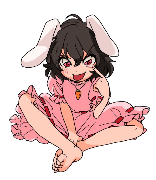 1girl, :p, akanbe, animal_ears, barefoot, black_hair, carrot_necklace, crossed_ankles