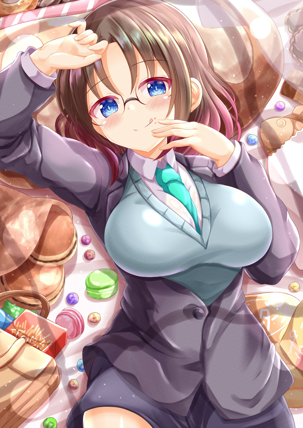 1girl, :q, arm_up, between_breasts, black_jacket, black_skirt, blue_eyes, blue_necktie