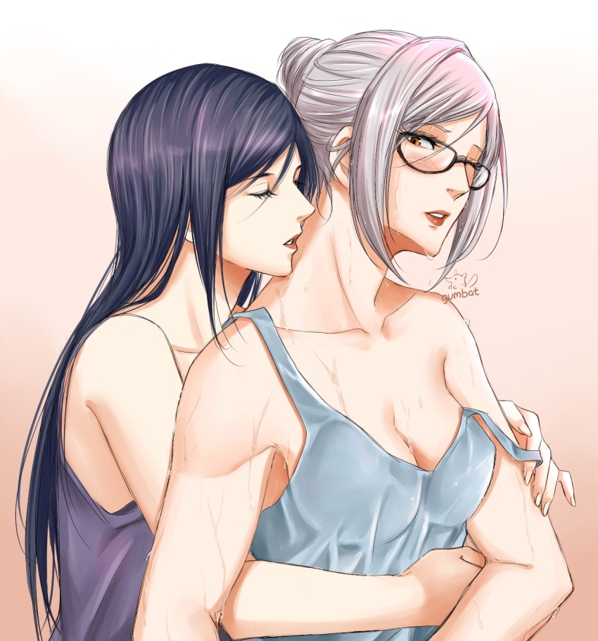 2girls, black_hair, blush, breasts, brown_eyes, cleavage, collarbone, closed_eyes, glasses, gumbat, highres, holding_person, hug, hug_from_behind, kurihara_mari_(prison_school), multiple_girls, one_eye_closed, parted_lips, prison_school, shiraki_meiko, signature, simple_background, strap_slip, sweat, tank_top, white_hair, wife_and_wife, yuri