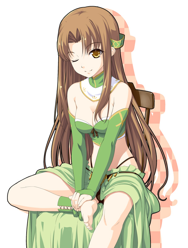 00s, 1girl, ankle_cuffs, aria_(seiken_no_blacksmith), barefoot, breasts, brown_hair, cleavage, feet, female_focus, highleg, kazami_fukashido, long_hair, one_eye_closed, seiken_no_blacksmith, sitting, skirt, smile, solo, toes, wink, yellow_eyes