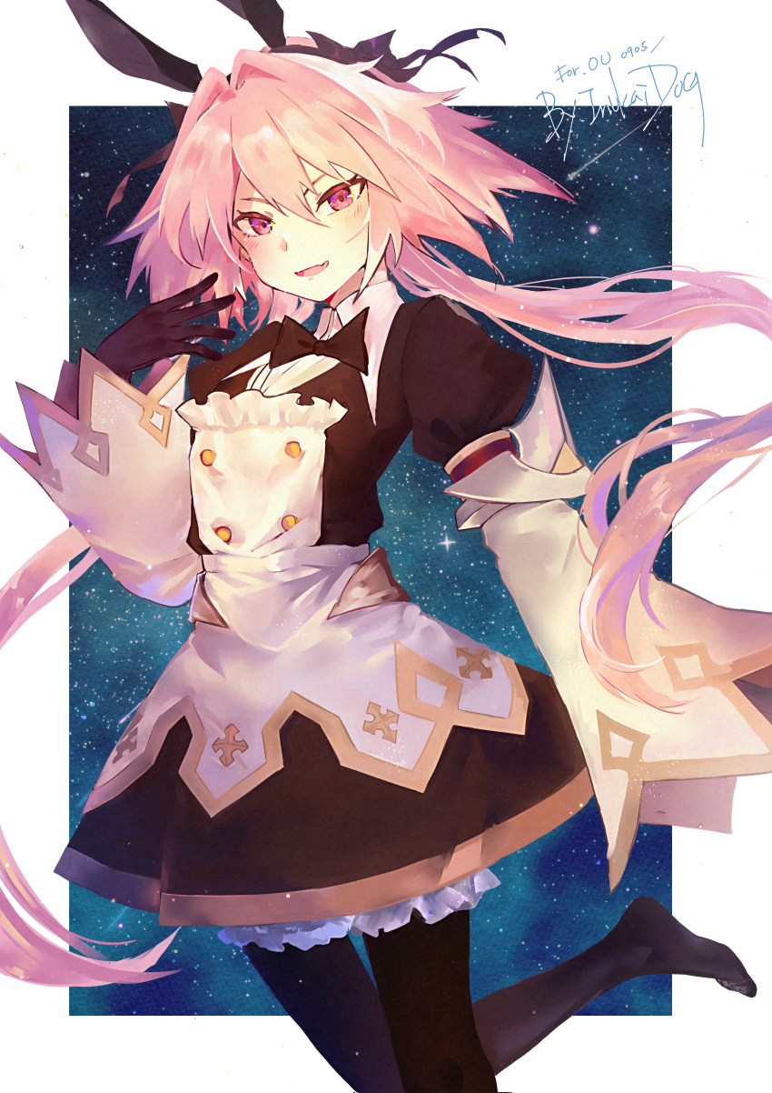 1boy, absurdres, astolfo_(fate), astolfo_(saber)_(fate), astolfo_(saber)_(third_ascension)_(fate), black_dress, black_gloves, black_legwear, blush, border, bow, bowtie, crossdressing, crossdressing_(mtf), dogdogwanwan, dress, fate/grand_order, fate_(series), gloves, hair_bow, hair_intakes, hair_ribbon, highres, juliet_sleeves, layered_skirt, long_hair, long_sleeves, looking_at_viewer, low_twintails, multicolored_hair, open_mouth, pink_hair, puffy_sleeves, purple_eyes, ribbon, skirt, sky, smile, solo, star_(sky), starry_sky, streaked_hair, thighs, trap, twintails, white_border, white_hair, white_skirt, wide_sleeves