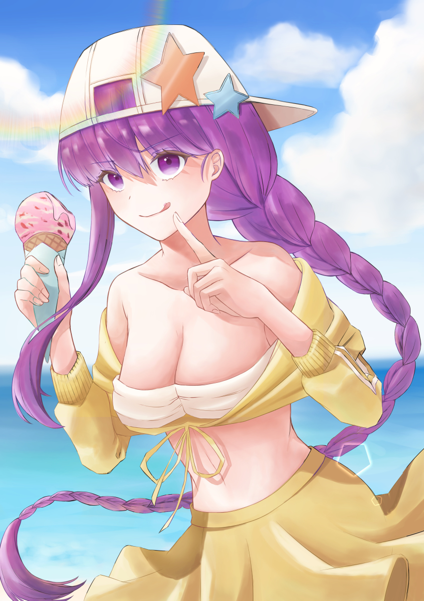 1girl, absurdres, asymmetrical_hair, bandeau, bare_shoulders, baseball_cap, bb_(fate), bb_(swimsuit_mooncancer)_(first_ascension)_(fate)