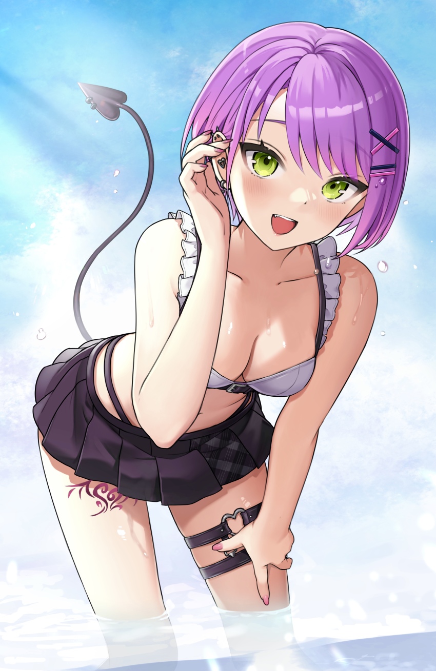 1girl, :d, absurdres, bare_arms, bare_shoulders, bent_over, bikini, black_skirt, blue_sky, breasts, cleavage, commentary_request, crop_top, day, demon_girl, demon_tail, ear_piercing, green_eyes, hair_ornament, hairclip, hand_on_own_thigh, heart, heart_o-ring, highres, hololive, leaning_forward, leg_tattoo, looking_at_viewer, medium_breasts, miniskirt, nail_polish, navel, o-ring, o-ring_thigh_strap, open_mouth, outdoors, piercing, pink_nails, pleated_skirt, purple_hair, revision, short_hair, skirt, sky, smile, solo, standing, swimsuit, tail, tail_ornament, tail_piercing, tail_raised, tate_yukimi, tattoo, thigh_strap, thighs, tokoyami_towa, tokoyami_towa_(jirai_kei), virtual_youtuber, wading, water, wet, white_bikini, x_hair_ornament