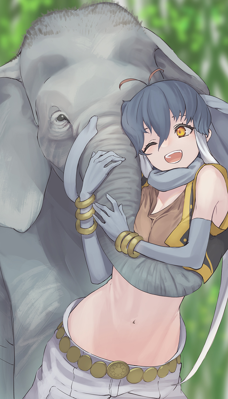 1girl, animal_ears, belt, black_vest, borneo_elephant_(kemono_friends), bracelet, brown_shirt, commentary_request, cowboy_shot, creature_and_personification, crop_top, don3, elbow_gloves, elephant, elephant_ears, elephant_girl, extra_ears, gloves, gold_belt, gold_bracelet, gold_trim, grey_gloves, grey_hair, grey_neckwear, grey_shorts, highres, jewelry, kemono_friends, midriff, multicolored_hair, navel, one_eye_closed, open_clothes, open_vest, personification, scarf, shirt, short_hair, short_hair_with_long_locks, shorts, sidelocks, sleeveless, solo, vest, white_hair, yellow_eyes