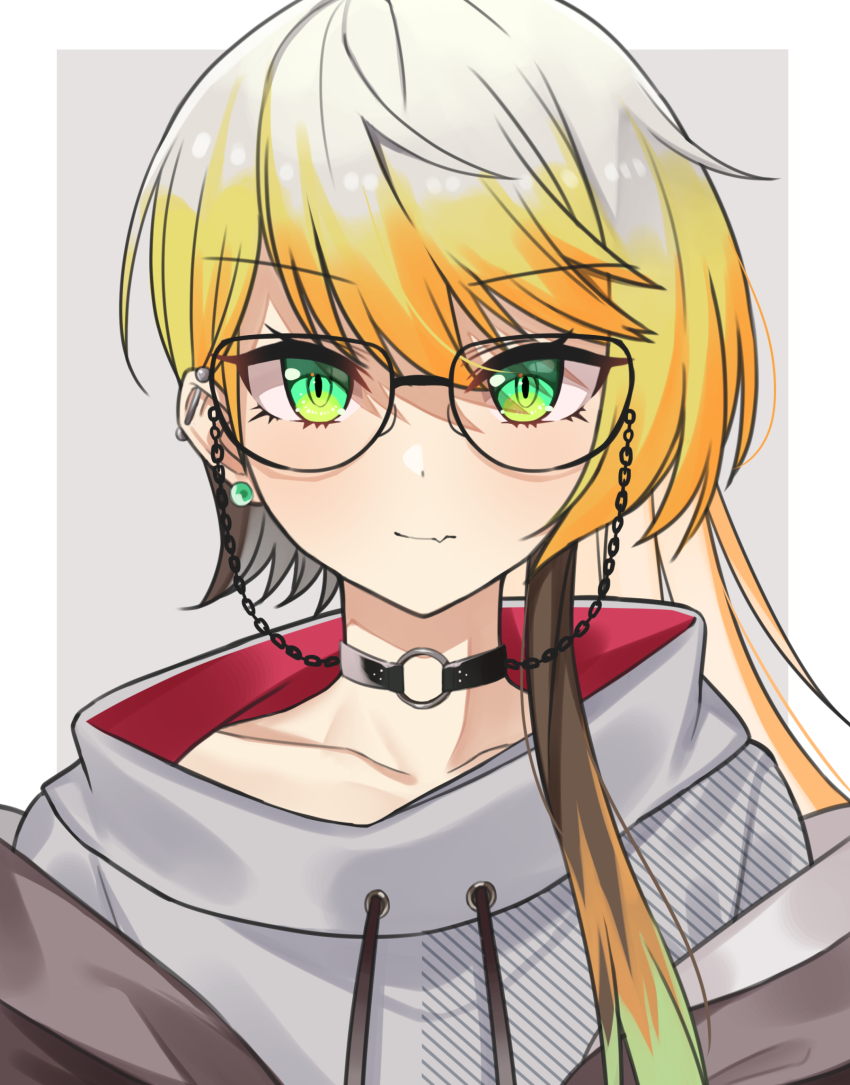 1girl, blonde_hair, choco_tanuki, choker, closed_mouth, collarbone, earrings, fang