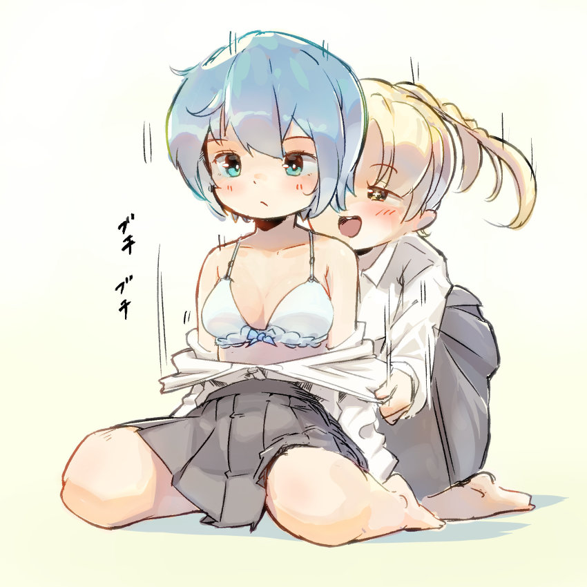 +_+, 2girls, blonde_hair, blue_eyes, blue_hair, blush, bra, female_focus