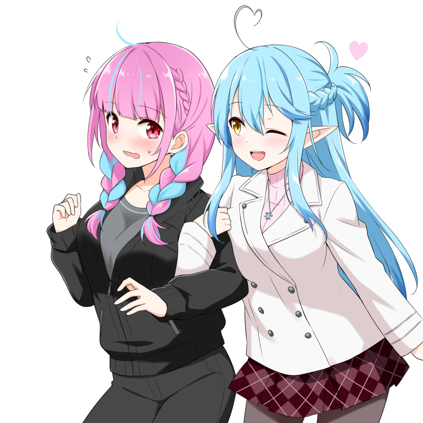 2girls, :d, ;d, ahoge, asuna_(sao), asuna_(sao-alo), asuna_(sao-alo)_(cosplay), black_jacket